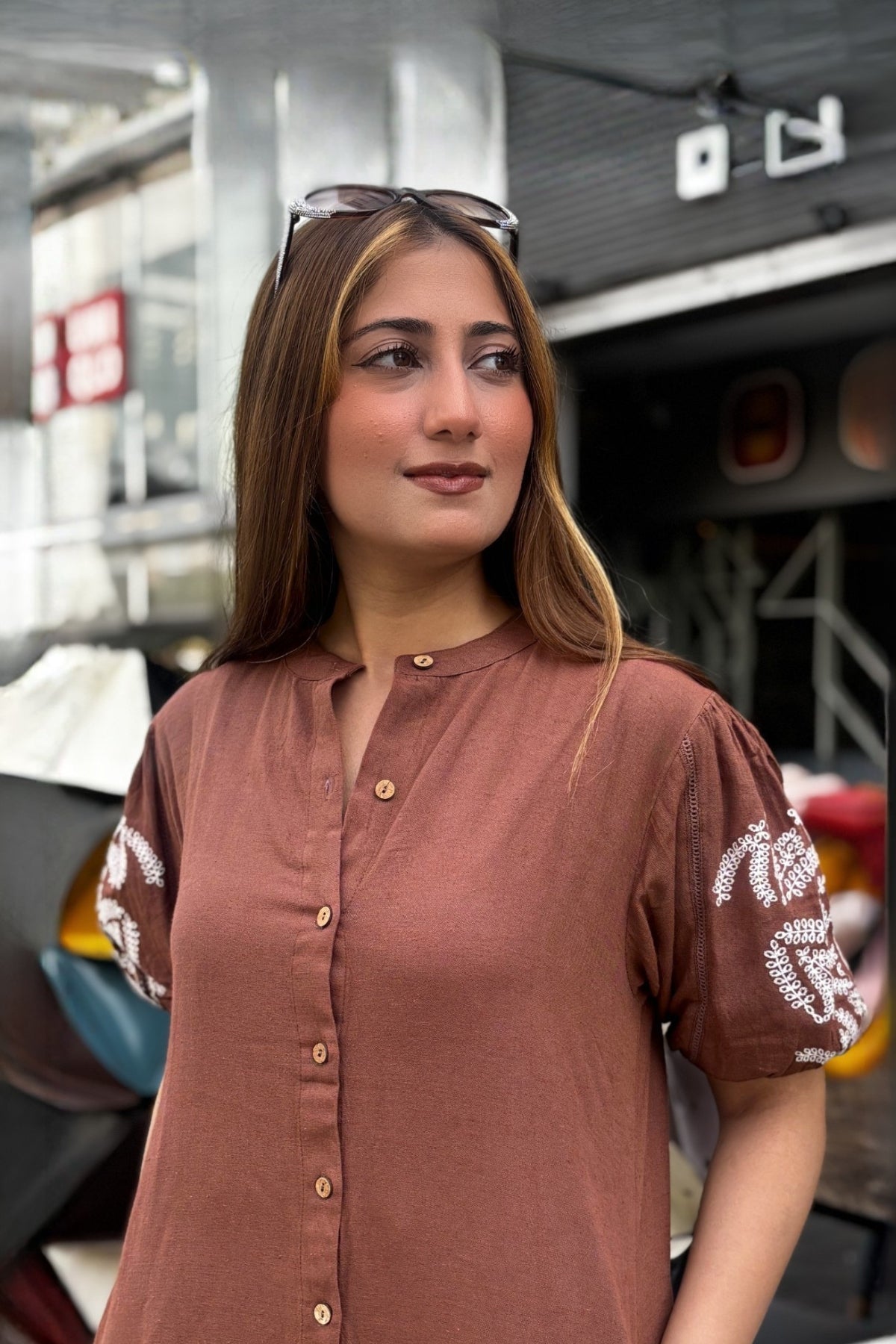 Mocha Brown Embroidered Cotton Kurta with Pants