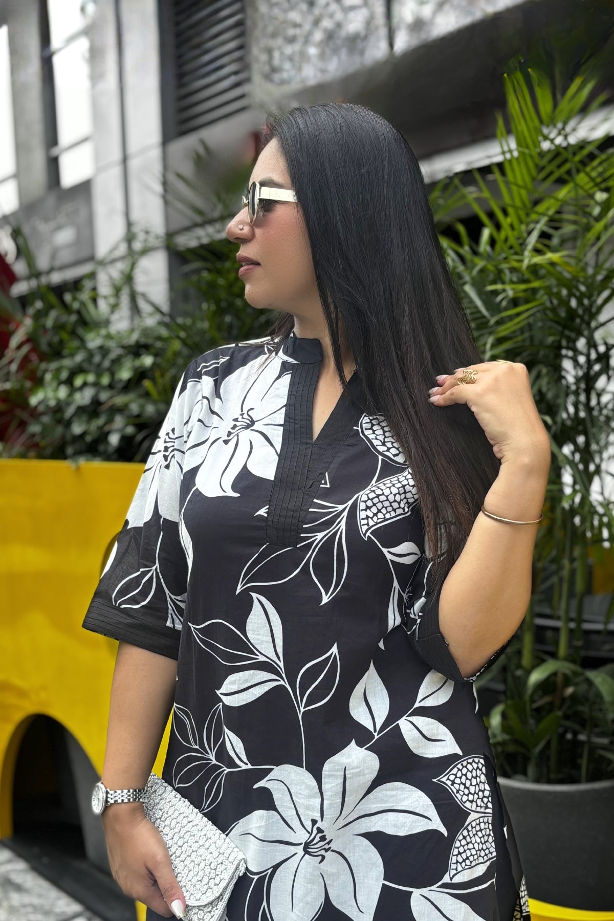 Black Flora Printed Cotton Kurta with Pants