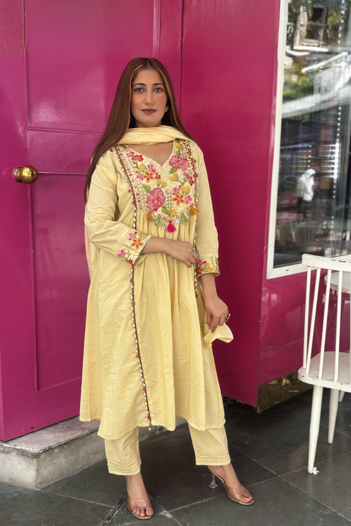 Cream Floral Embroidered Cotton Anarkali Suit Set
