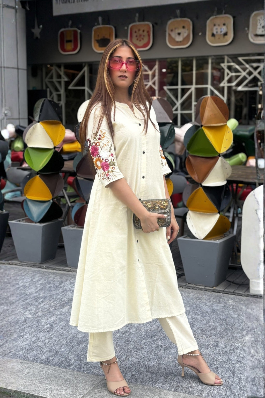 Off White Bloom Embroidered Cotton Kurta with Pants
