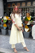 Off White Bloom Embroidered Cotton Kurta with Pants