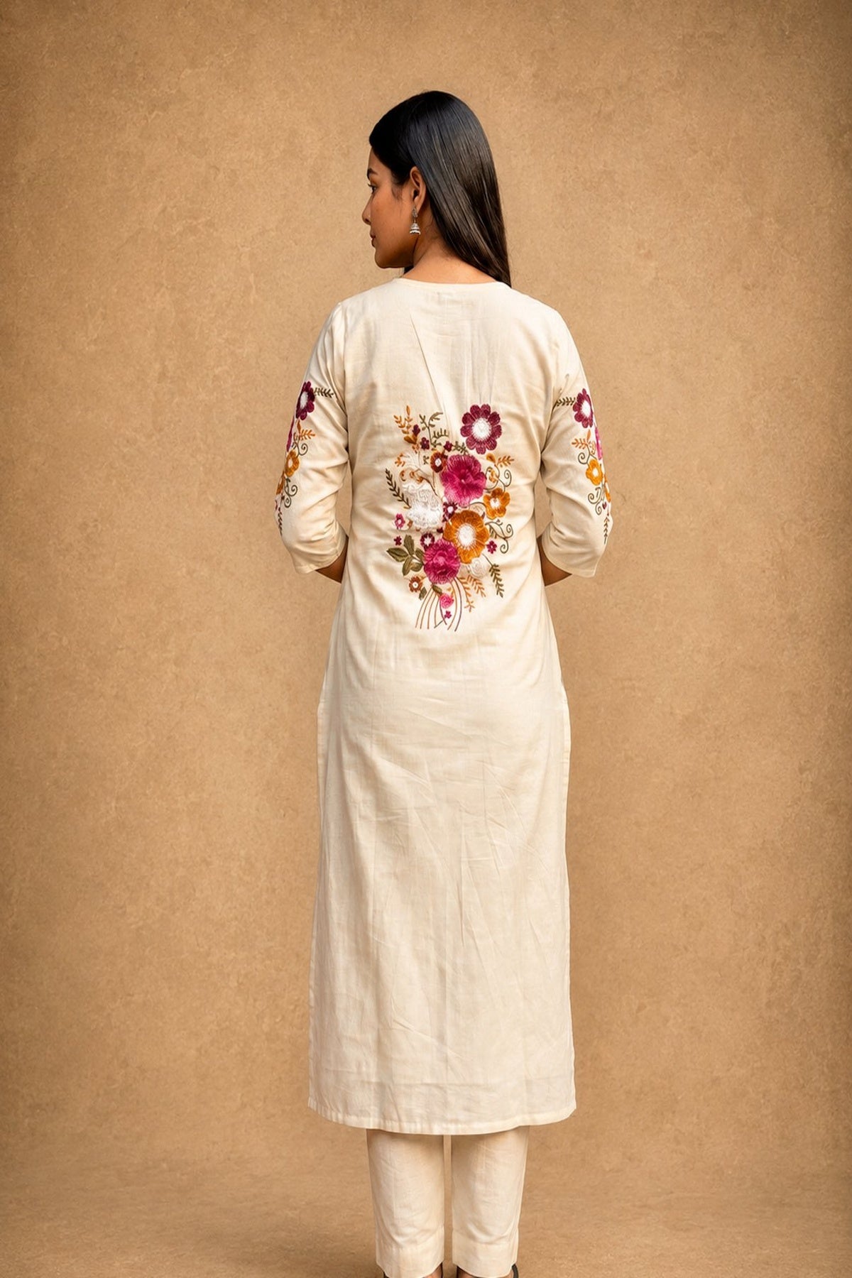 Off White Bloom Embroidered Cotton Kurta with Pants