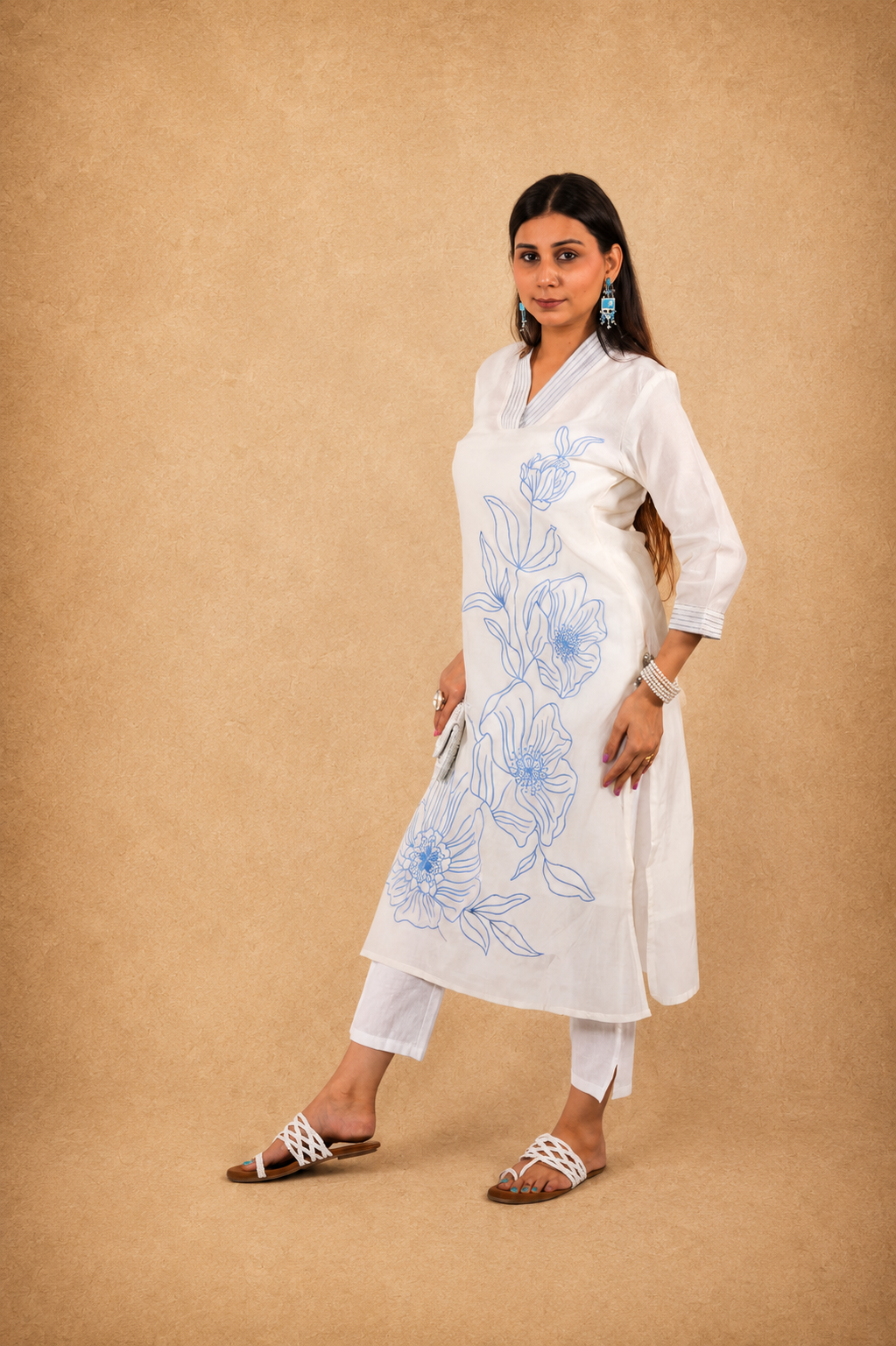 Off White Blue Embroidered Mul Cotton Suit Set