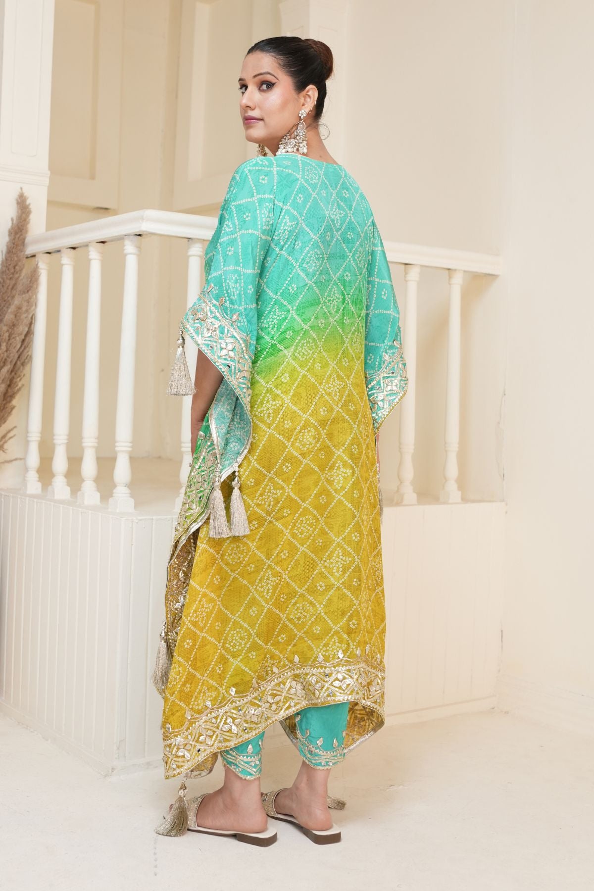 Mustard Yellow Bandhej Ombre Kaftan Set