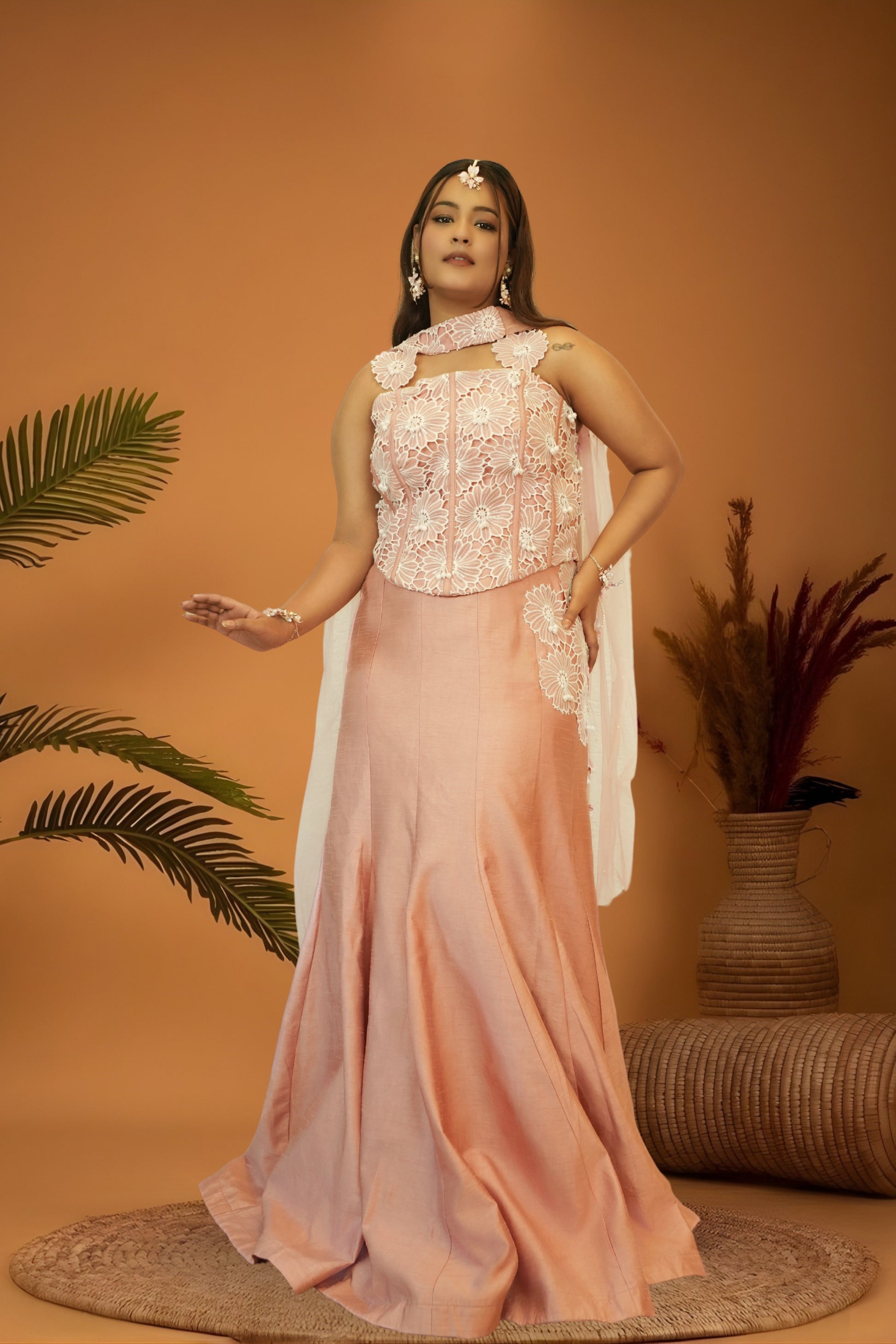 Blush Pink Corset Cutwork Blouse Mermaid Skirt Set
