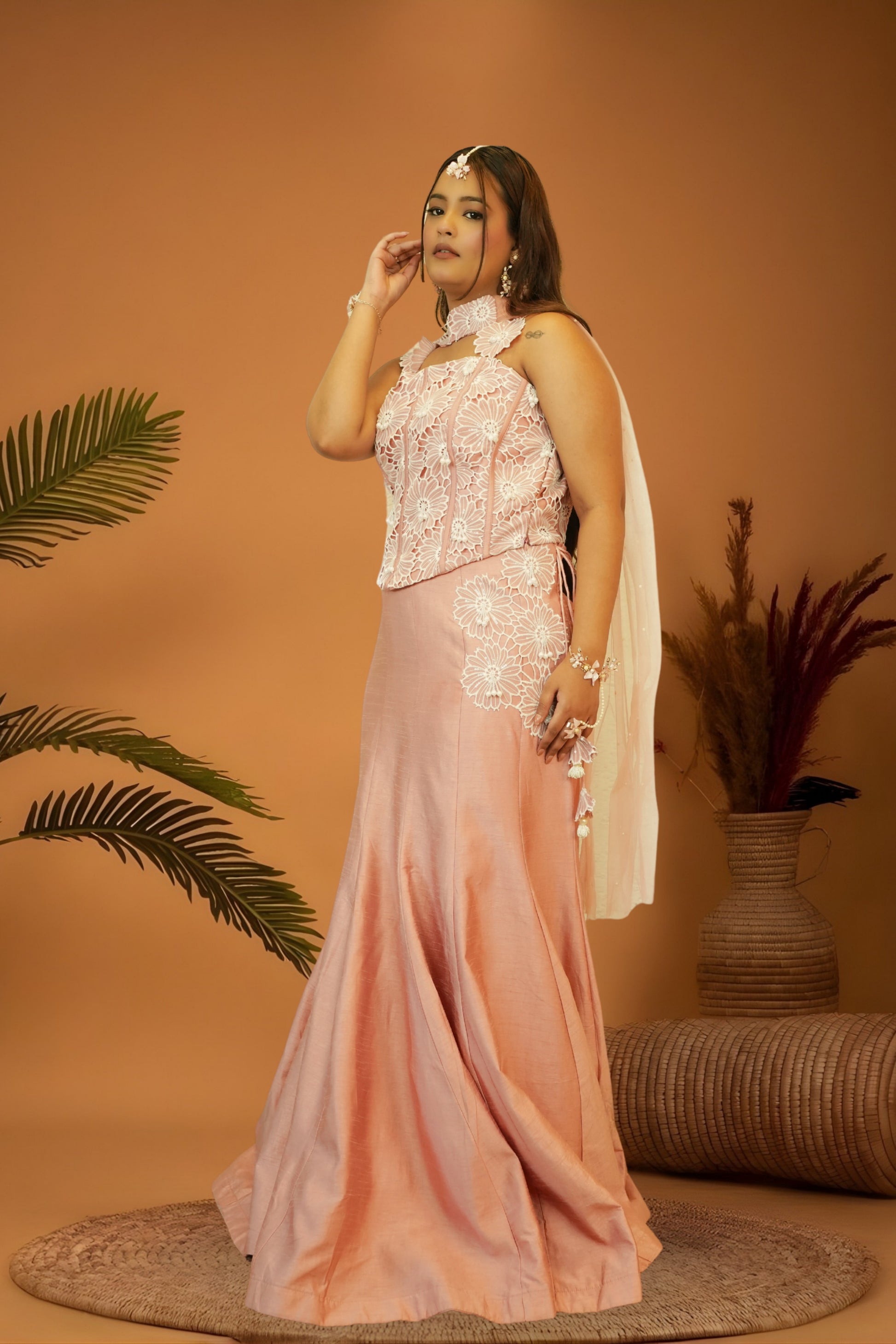 Blush Pink Corset Cutwork Blouse Mermaid Skirt Set