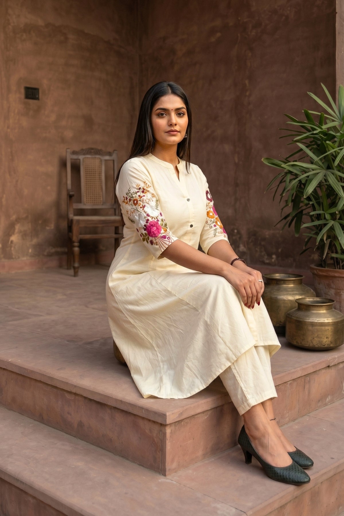 Off White Bloom Embroidered Cotton Kurta with Pants