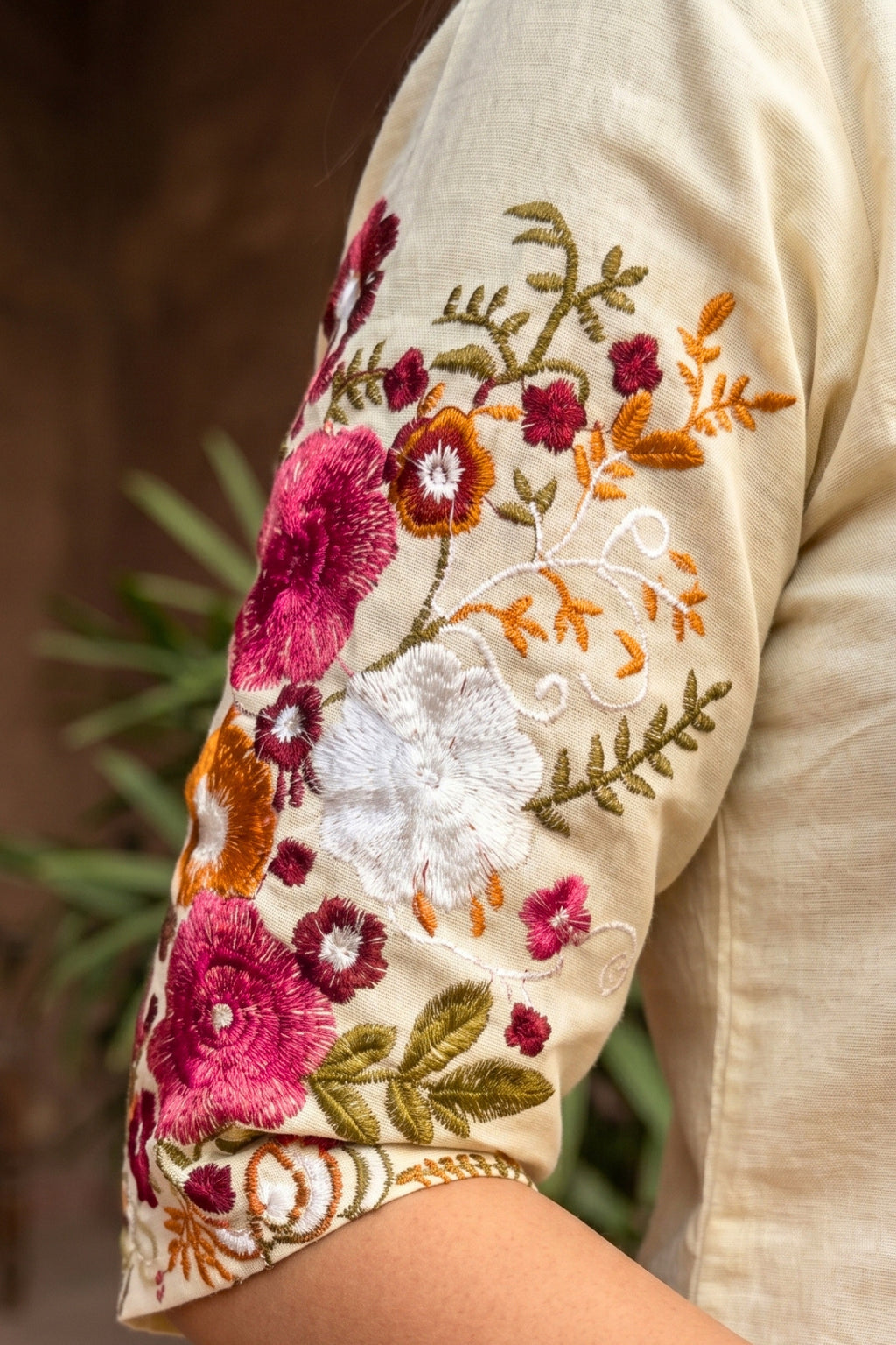Off White Bloom Embroidered Cotton Kurta with Pants