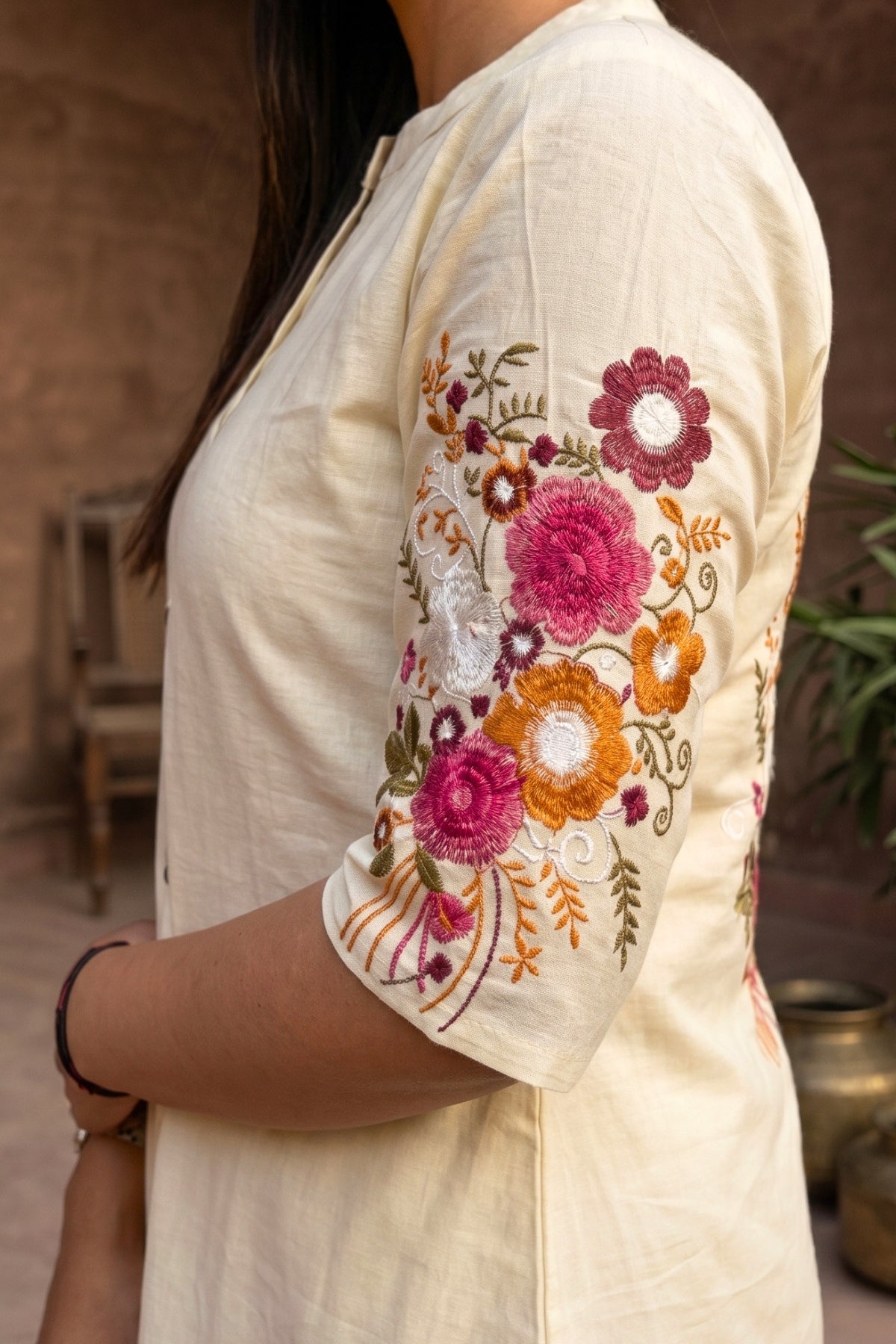 Off White Bloom Embroidered Cotton Kurta with Pants
