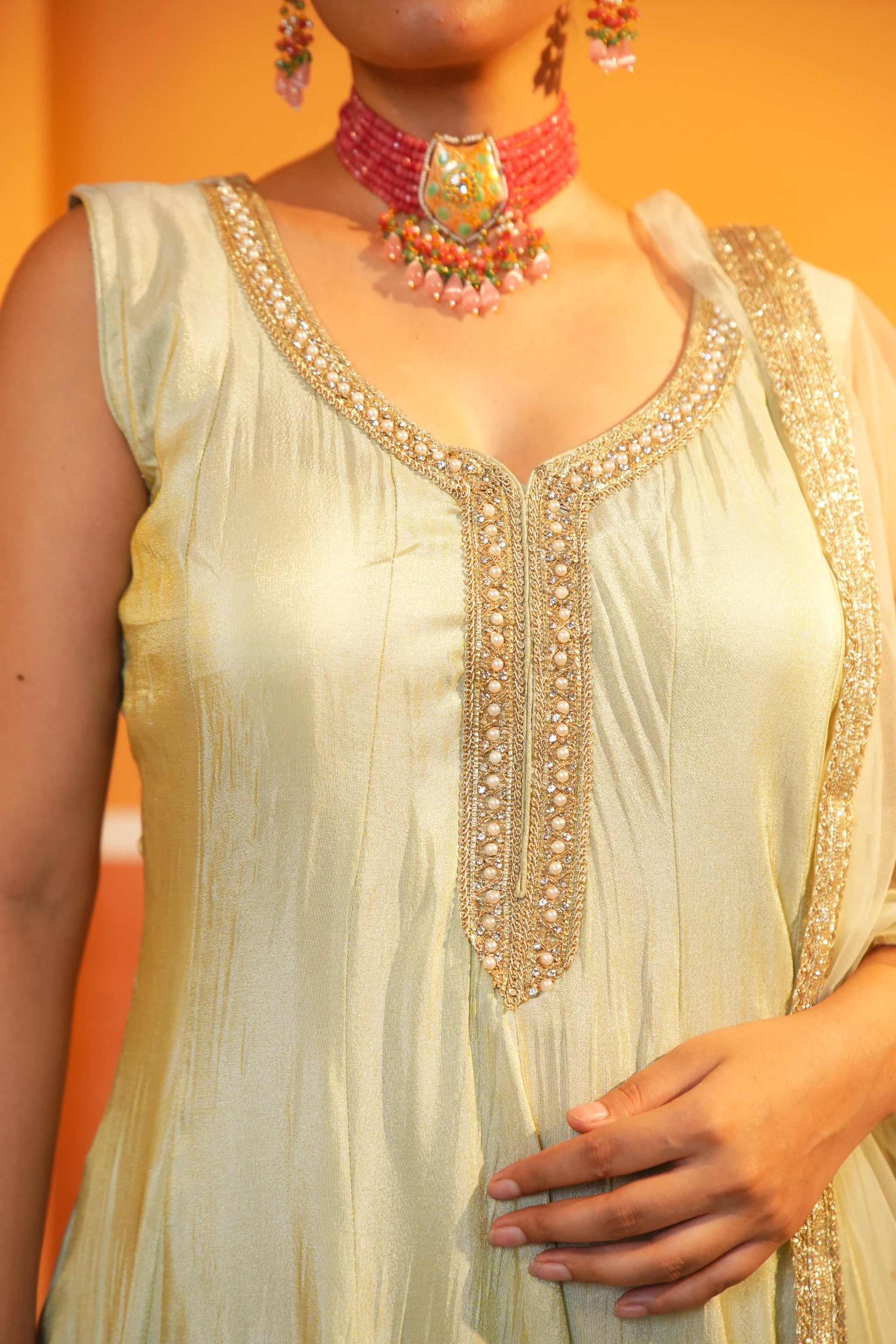 Pastel Light Green Silk Anarkali Set