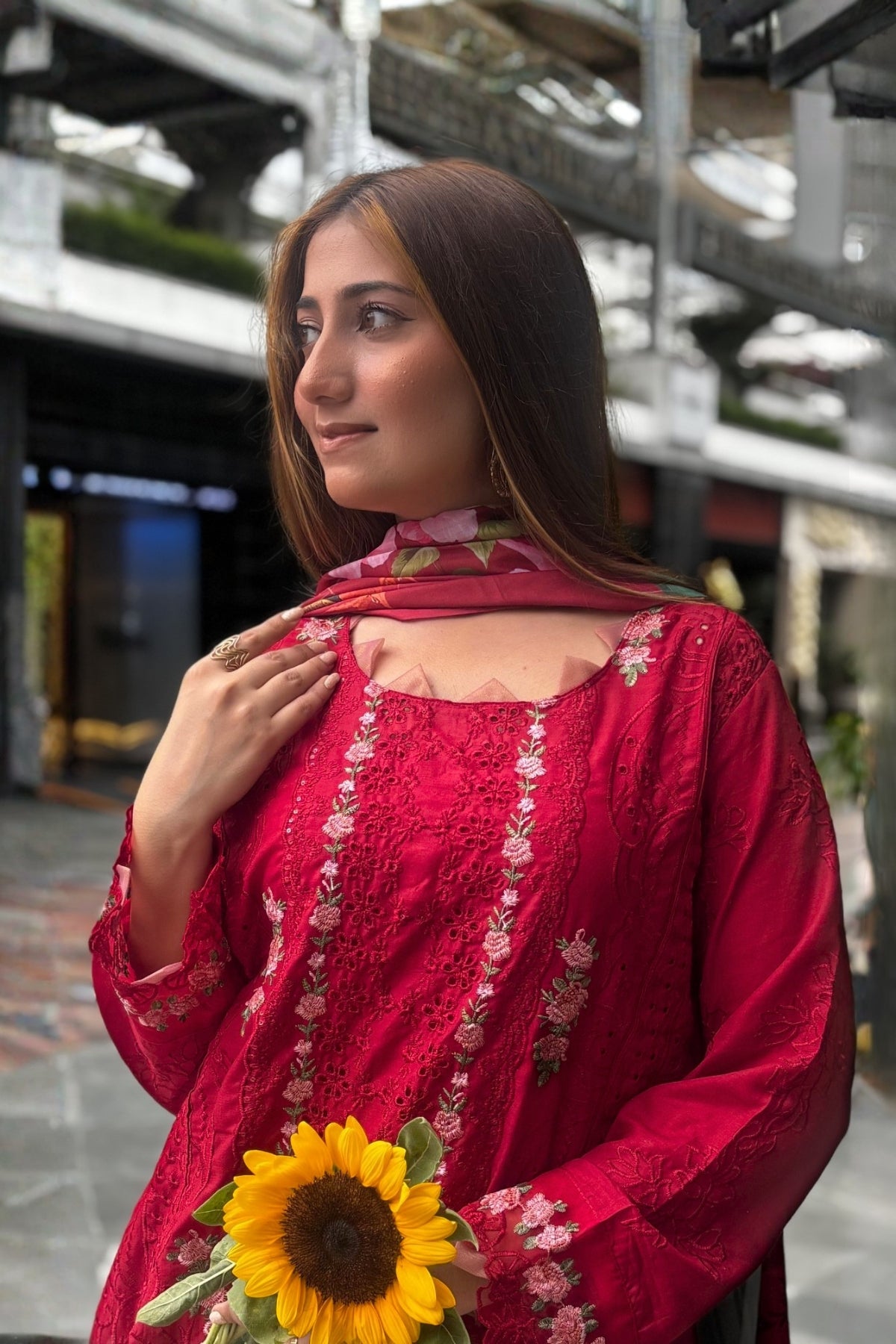 Gulrukh - Ruby Red Lawn Suit Set