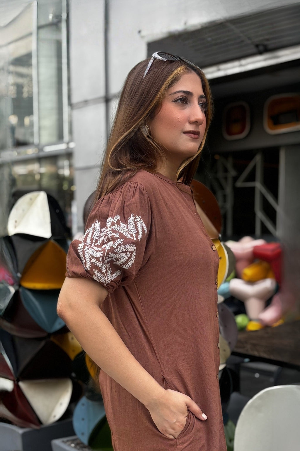 Mocha Brown Embroidered Cotton Kurta with Pants