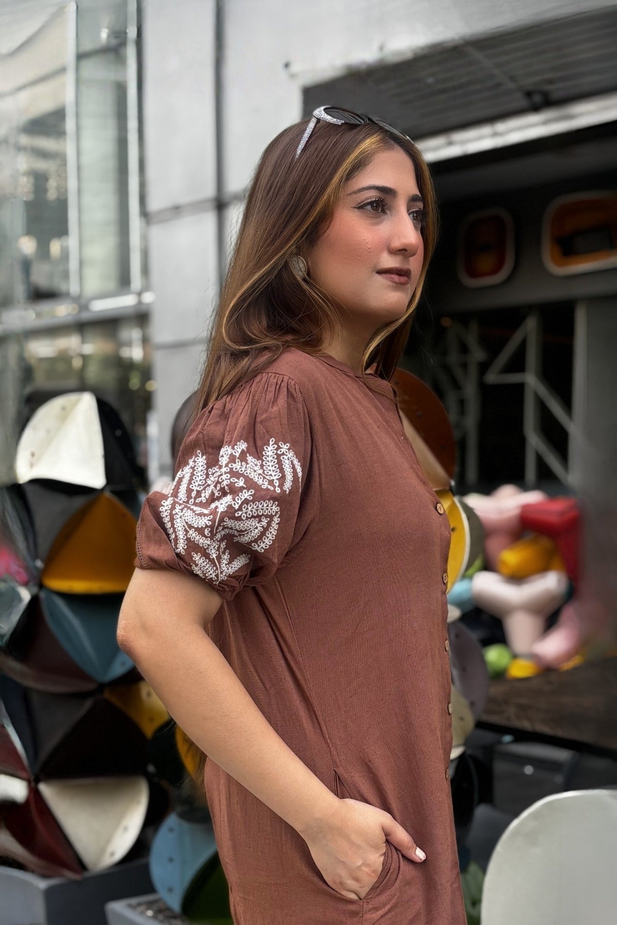 Mocha Brown Embroidered Cotton Kurta with Pants