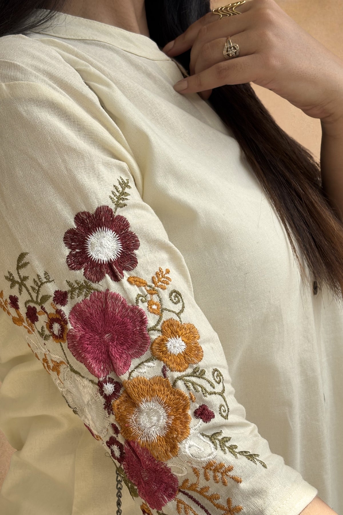 Off White Bloom Embroidered Cotton Kurta with Pants