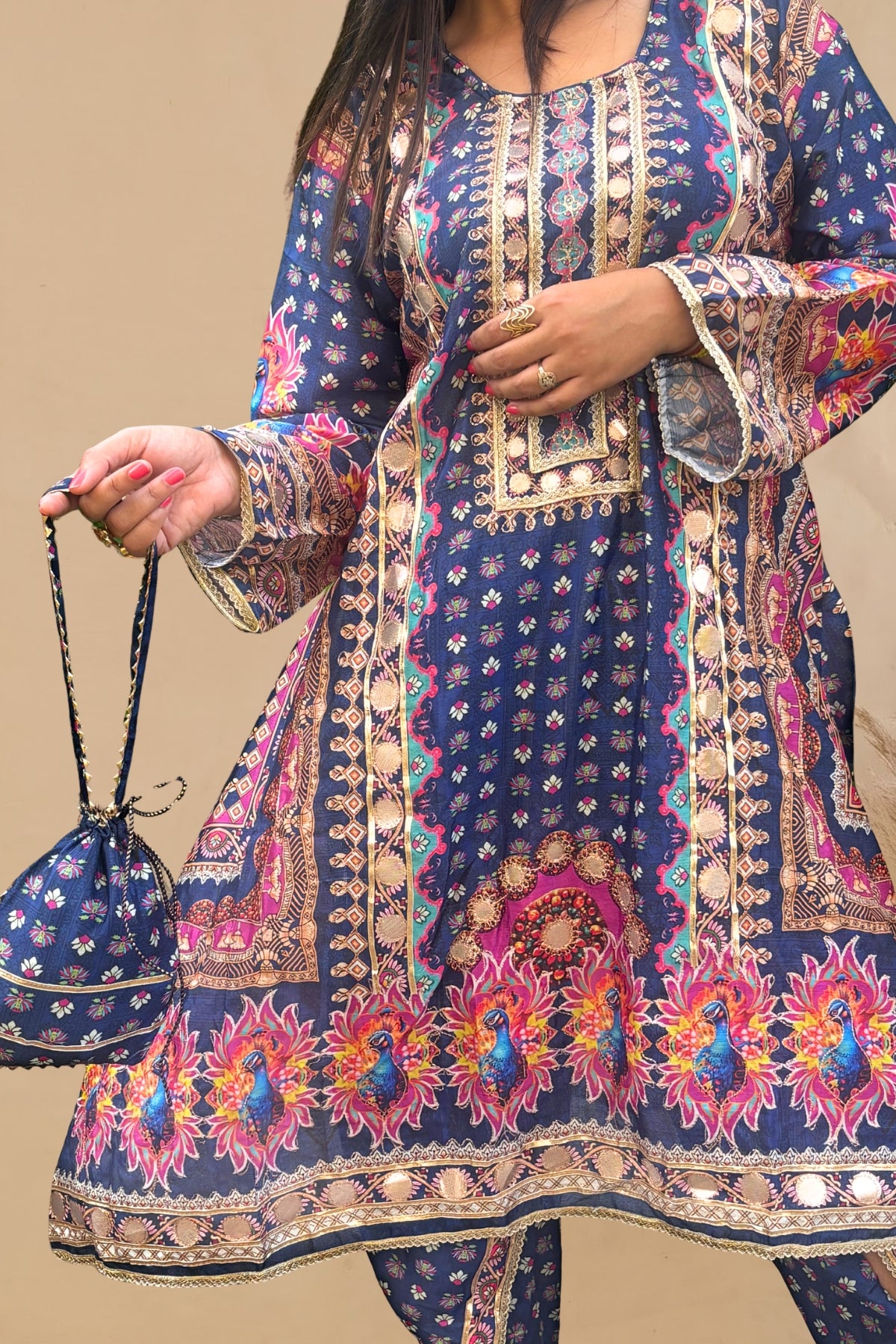 Navy Bloom Embellished Chinon Silk Kaftan Set