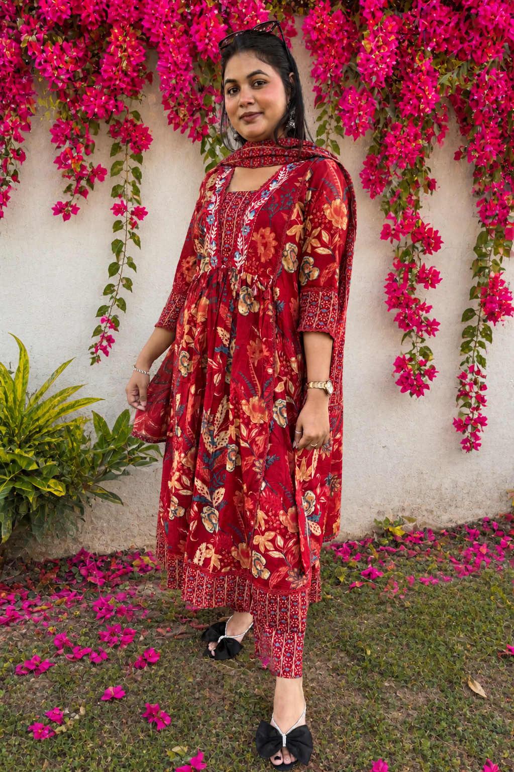 Gulnaar Rust Red Floral Printed Embroidered Suit Set