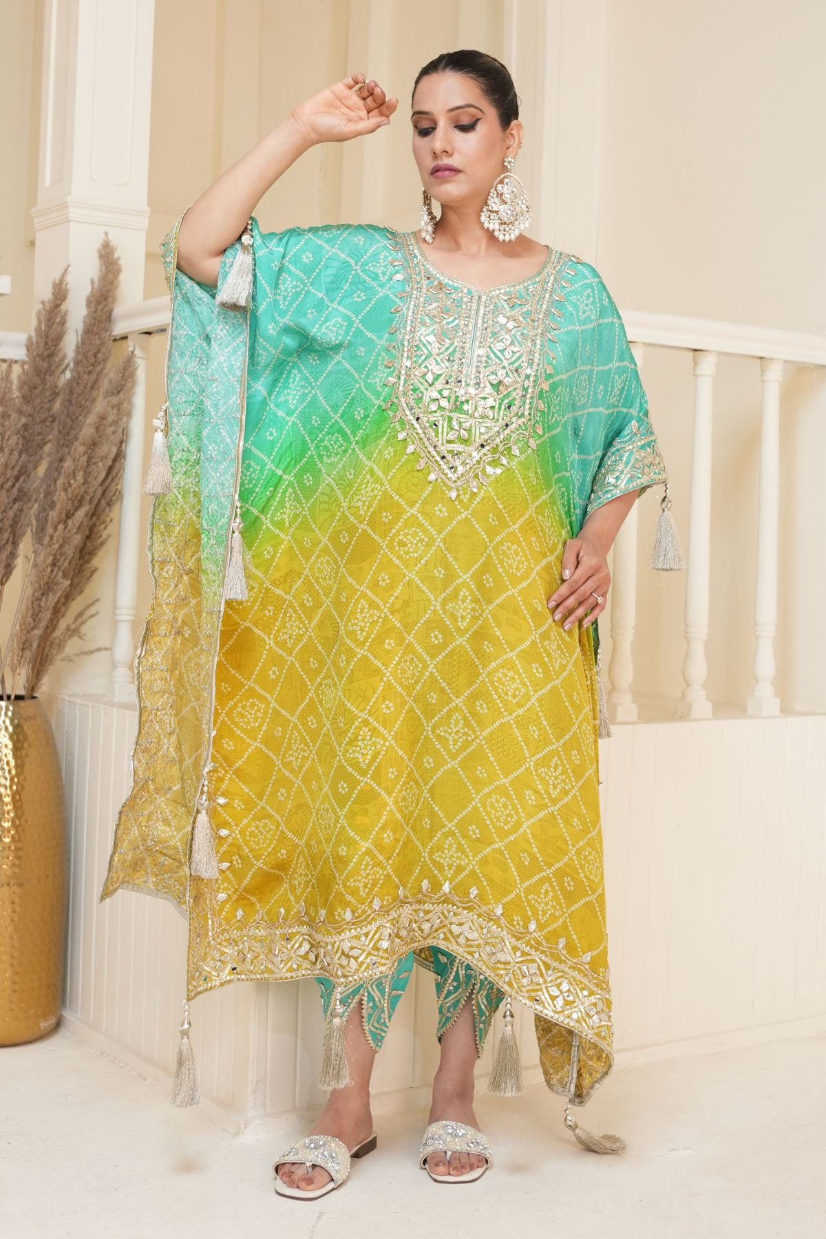 Mustard Yellow Bandhej Ombre Kaftan Set