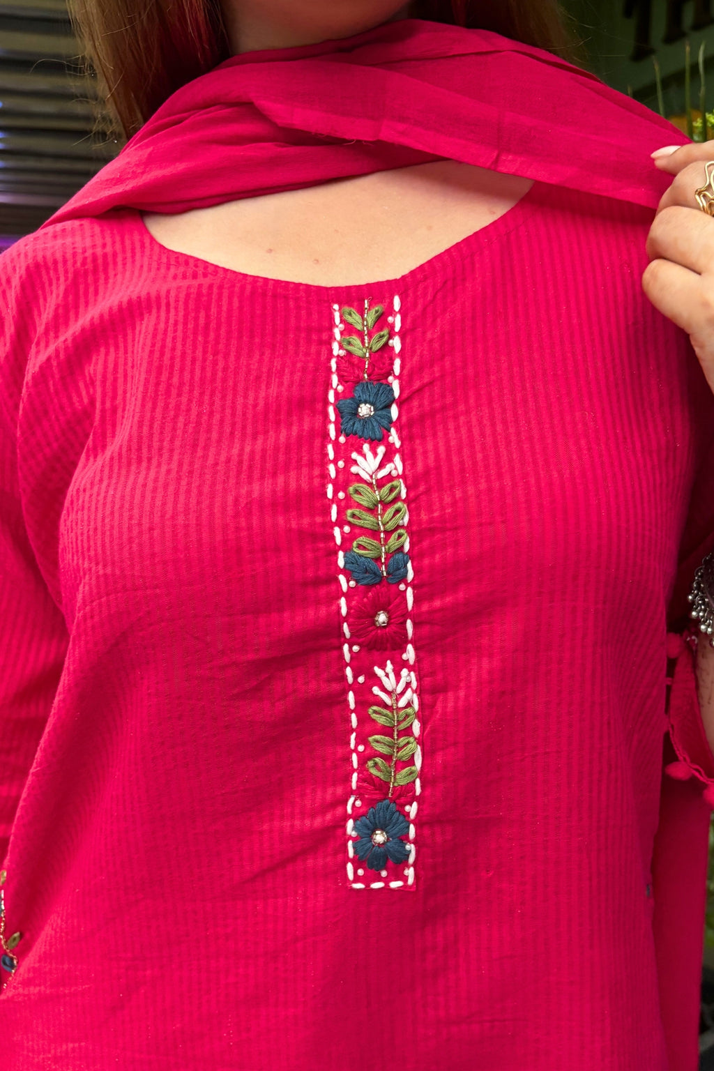Rani Pink Embroidered Cotton Suit Set