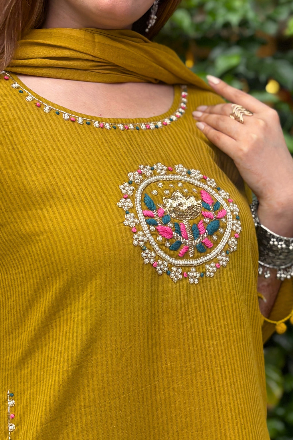 Golden Mustard Embroidered Cotton Suit Set