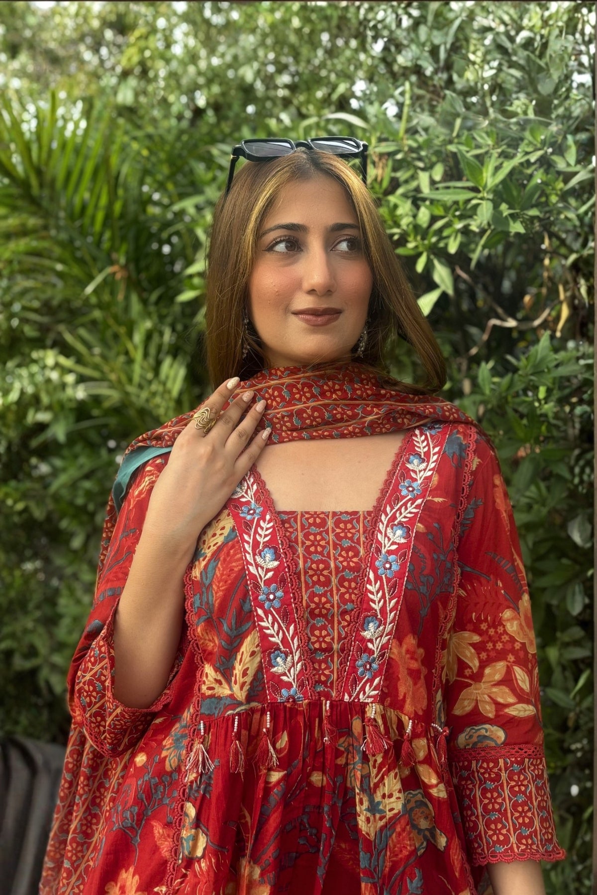 Gulnaar Rust Red Floral Printed Embroidered Suit Set