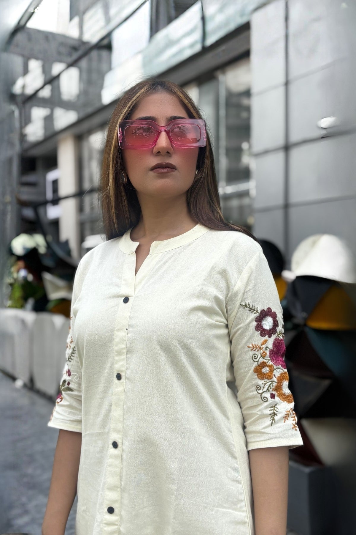 Off White Bloom Embroidered Cotton Kurta with Pants