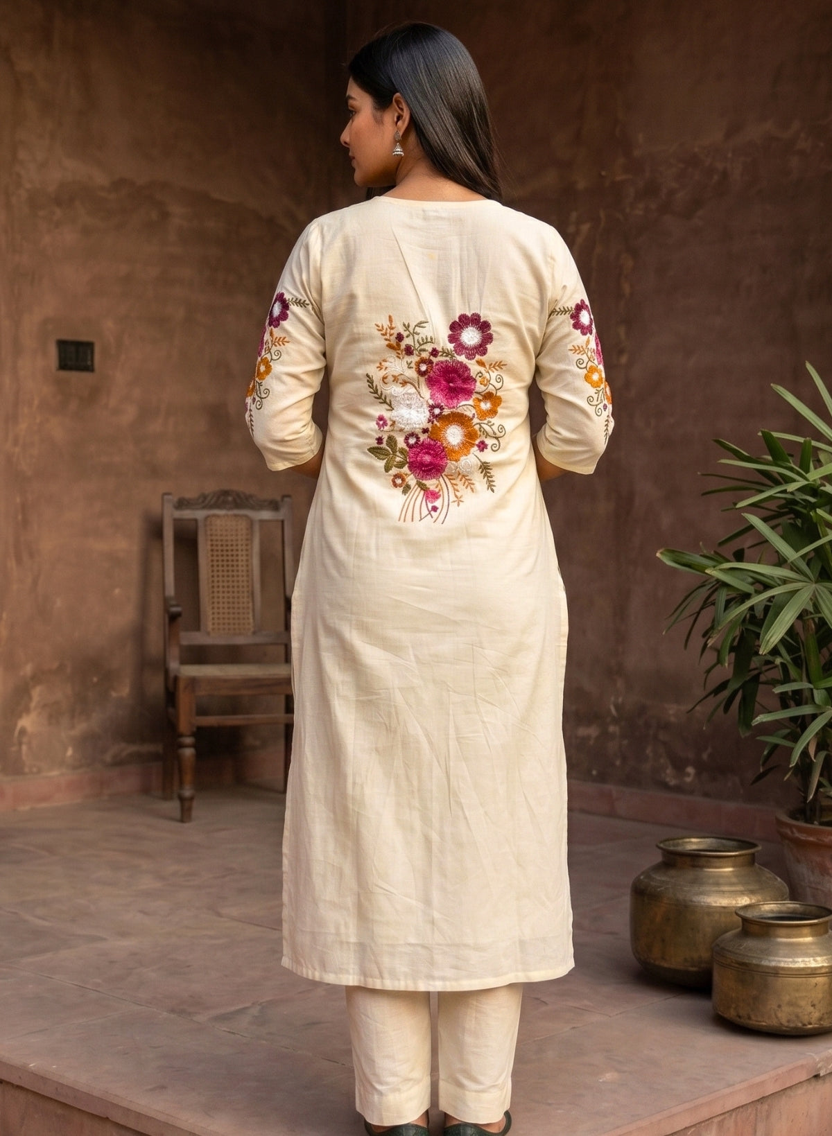 Off White Bloom Embroidered Cotton Kurta with Pants