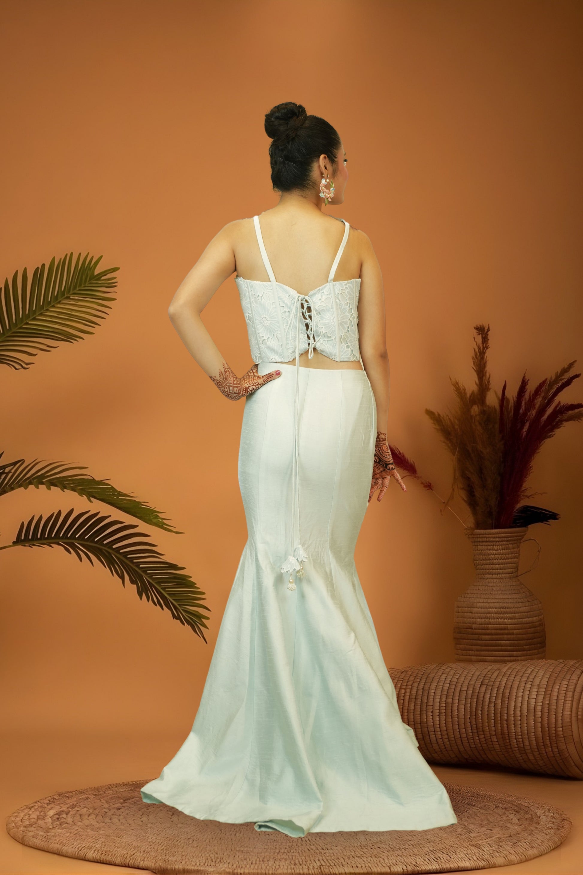 Pastel light green cutwork blouse mermaid skirt set