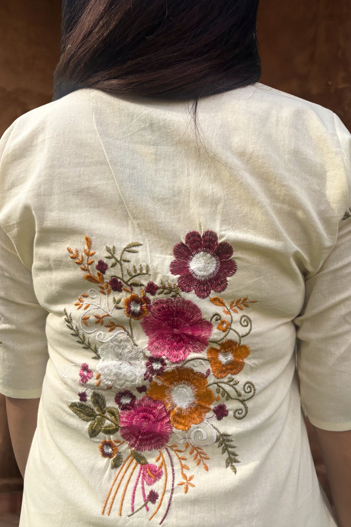 Off White Bloom Embroidered Cotton Kurta with Pants