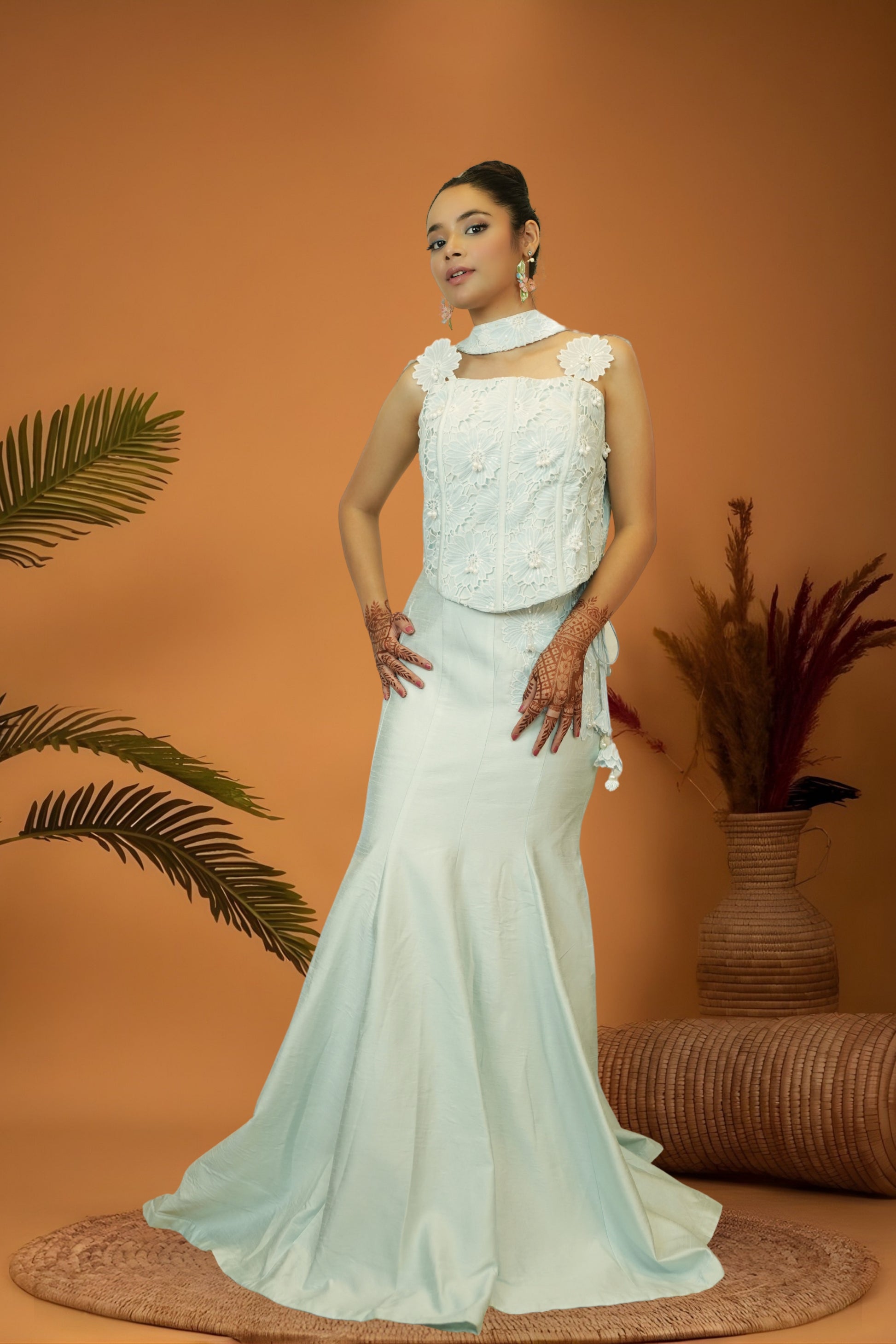 Pastel light green cutwork blouse mermaid skirt set