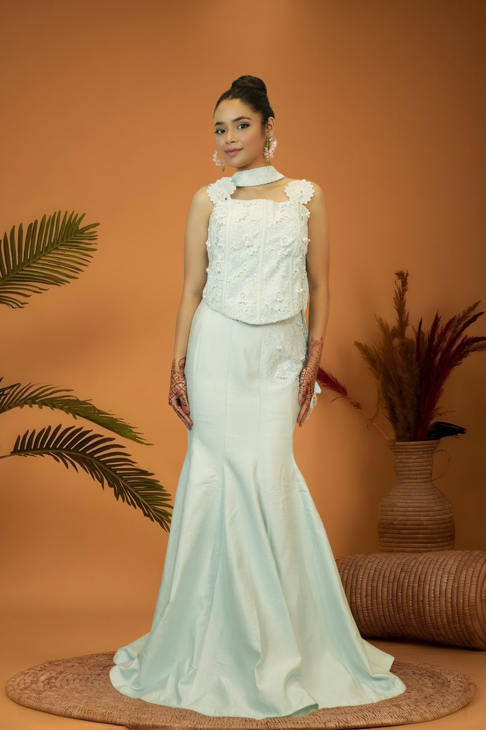 Pastel light green cutwork blouse mermaid skirt set