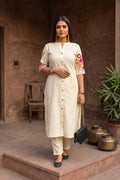 Off White Bloom Embroidered Cotton Kurta with Pants