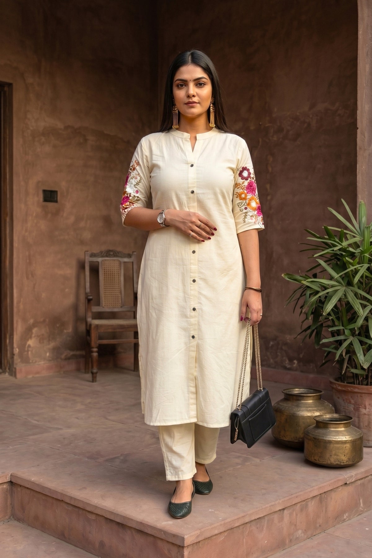 Off White Bloom Embroidered Cotton Kurta with Pants