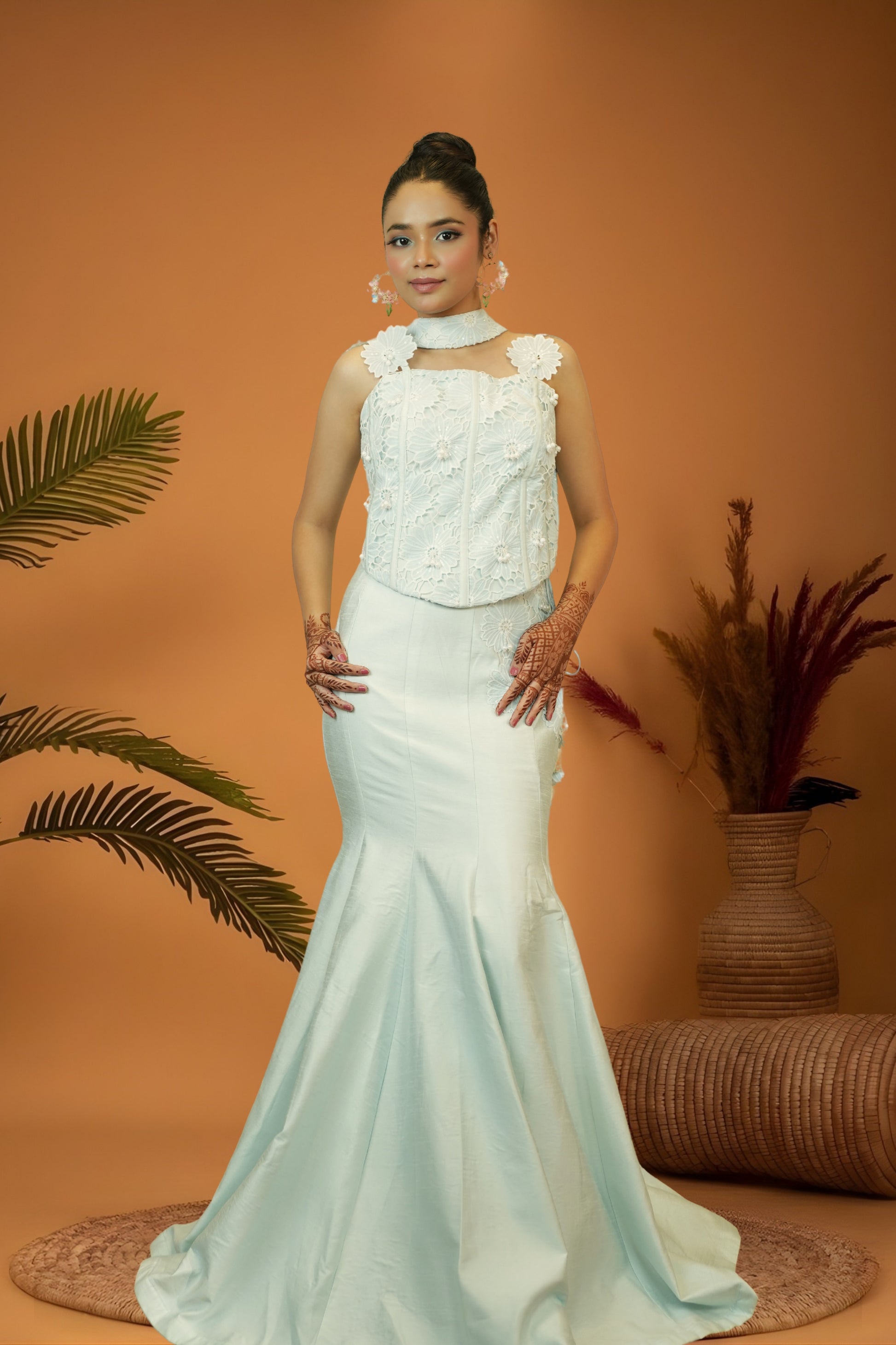Pastel light green cutwork blouse mermaid skirt set