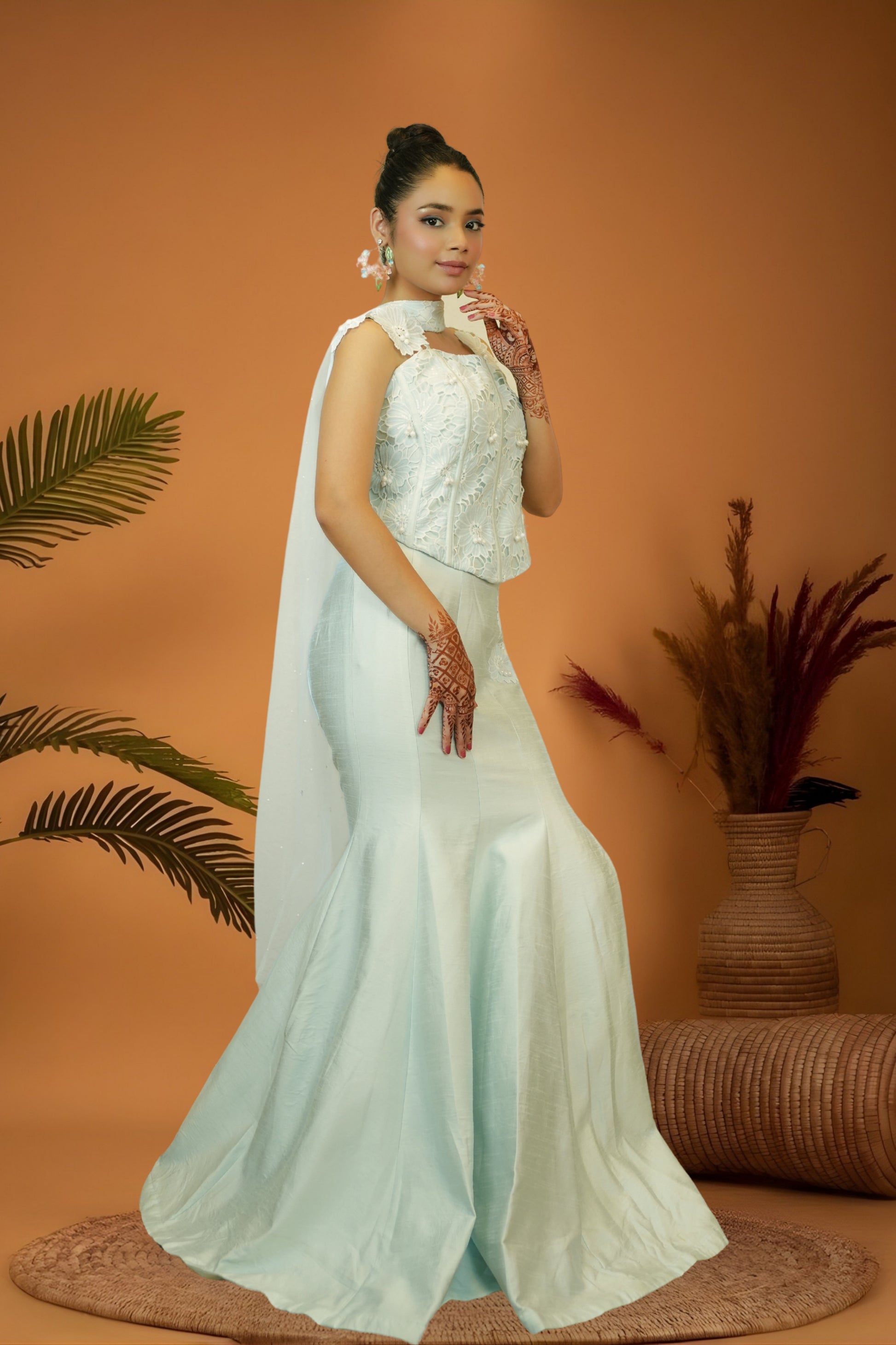 Pastel light green cutwork blouse mermaid skirt set