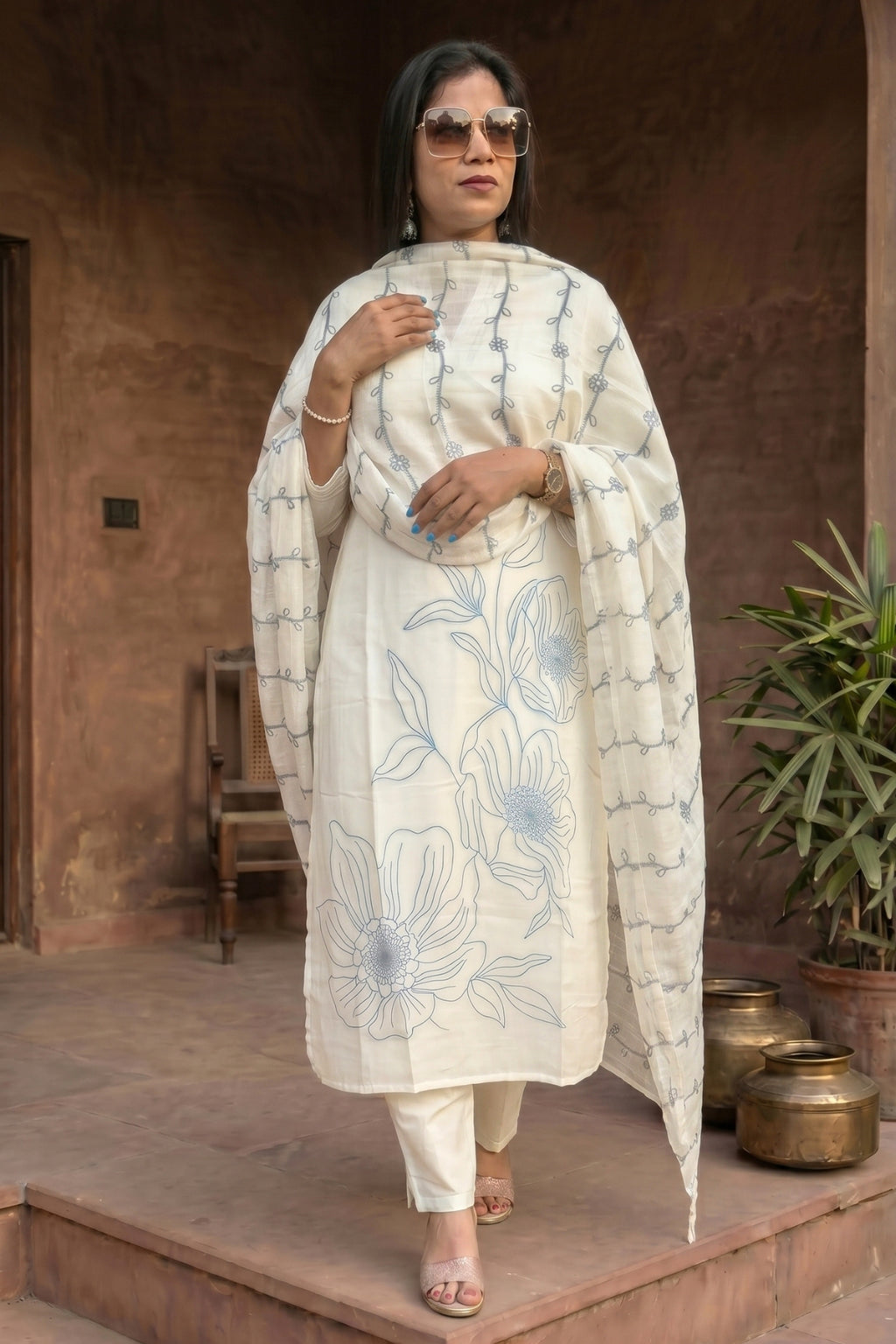 Off White Blue Embroidered Mul Cotton Suit Set