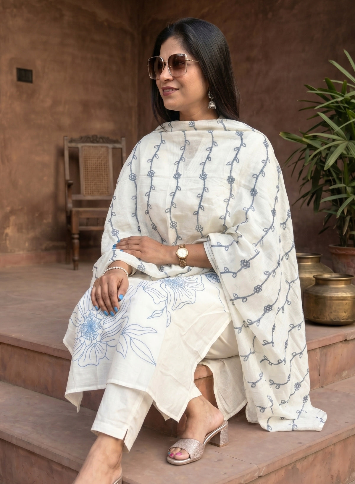 Off White Blue Embroidered Mul Cotton Suit Set