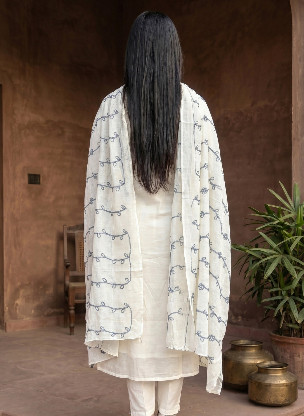 Off White Blue Embroidered Mul Cotton Suit Set