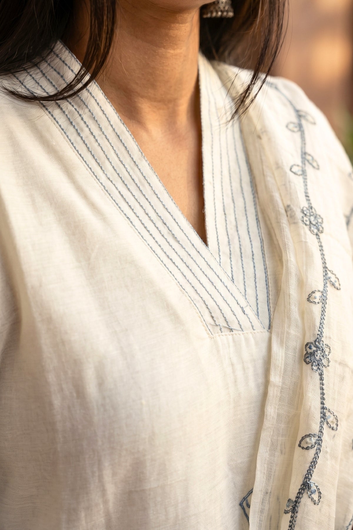 Off White Blue Embroidered Mul Cotton Suit Set