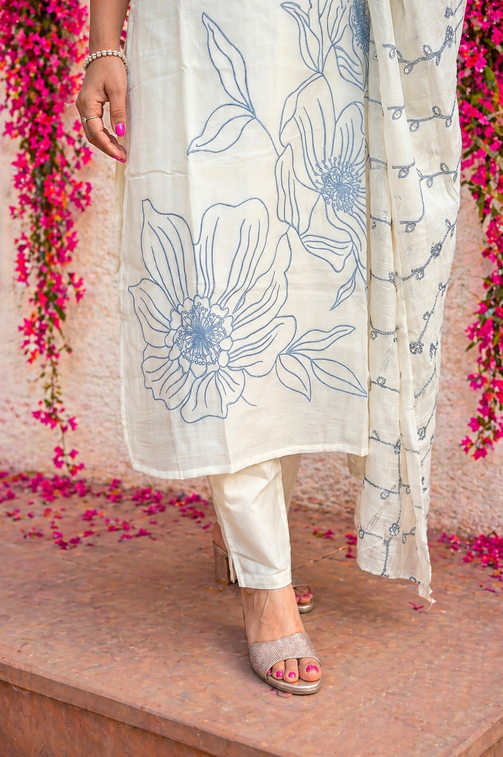 Off White Blue Embroidered Mul Cotton Suit Set