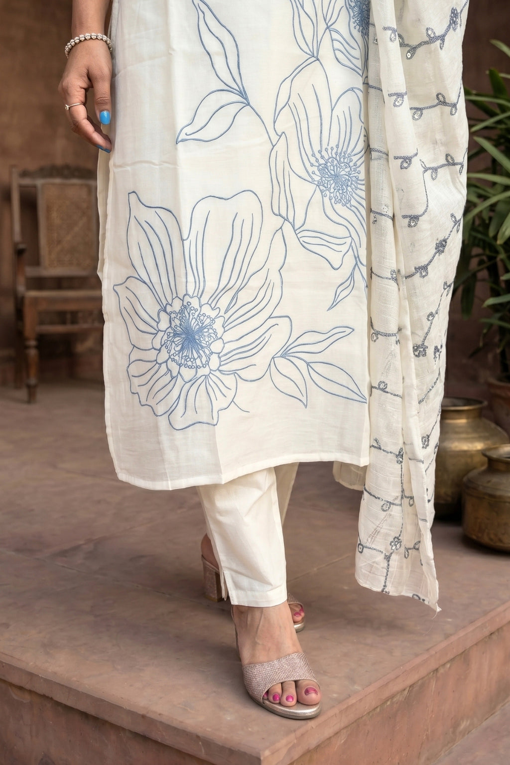 Off White Blue Embroidered Mul Cotton Suit Set