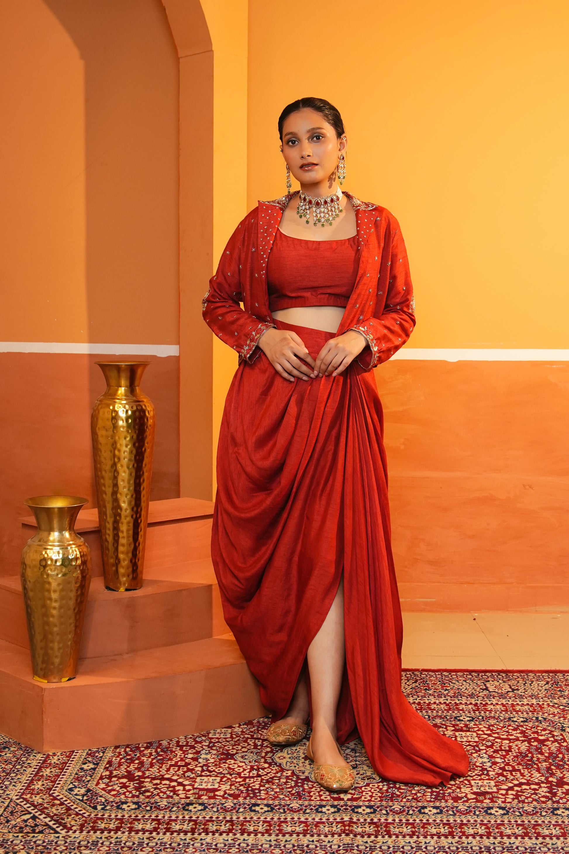 Imperial Red Draped Skirt With Blouse And Embroidered Jacket Set