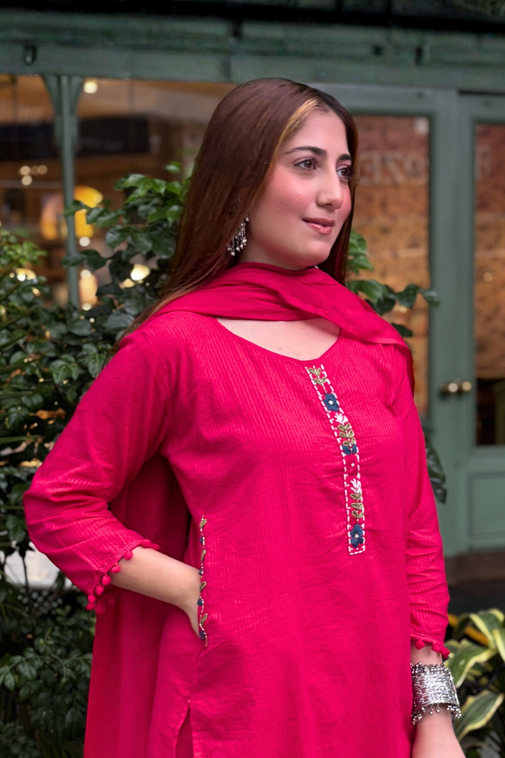 Rani Pink Embroidered Cotton Suit Set