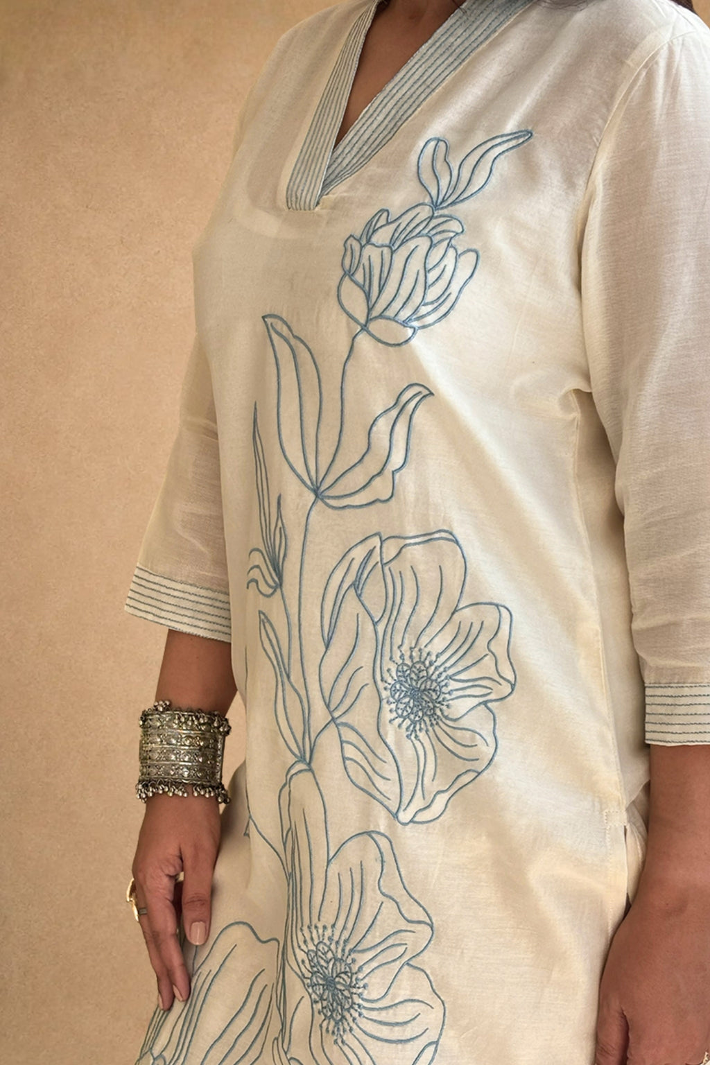 Off White Blue Embroidered Mul Cotton Suit Set
