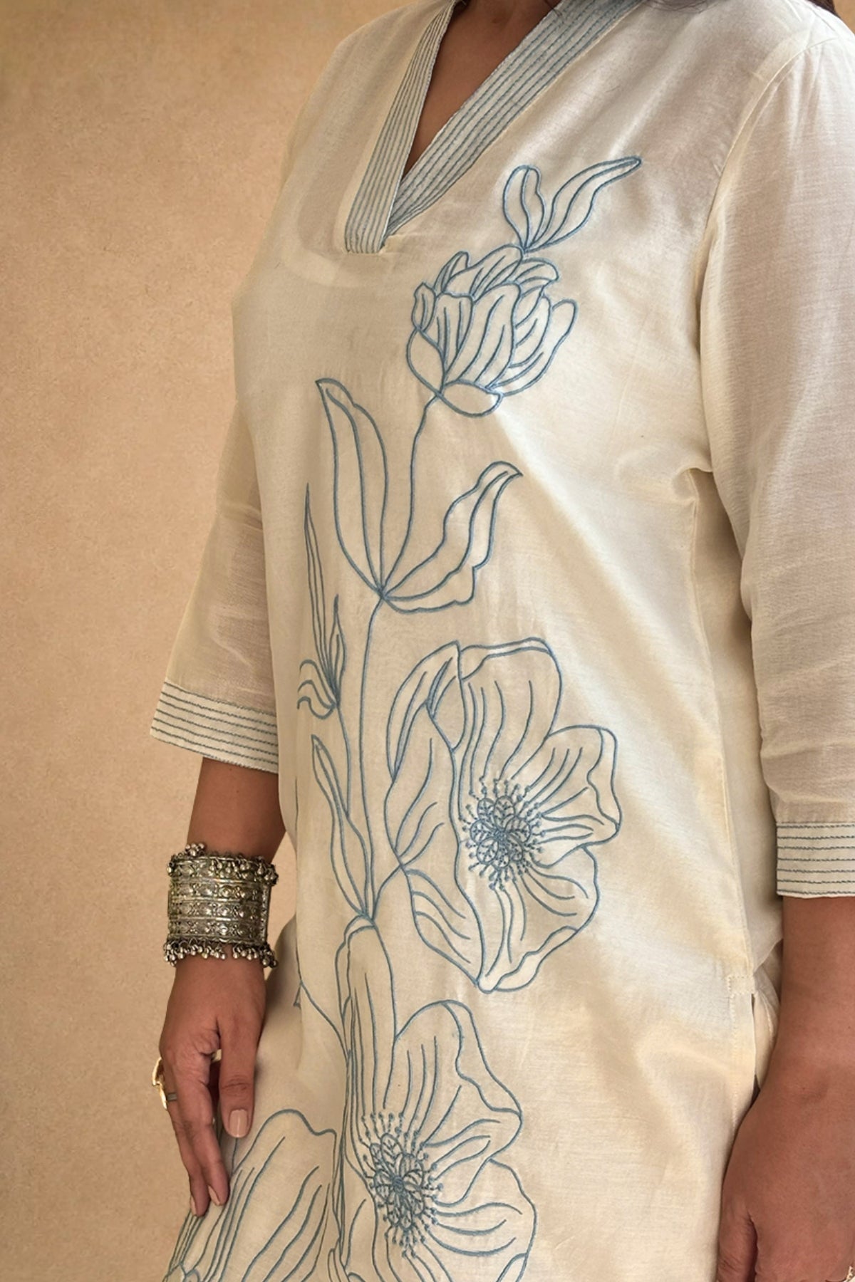 Off White Blue Embroidered Mul Cotton Suit Set