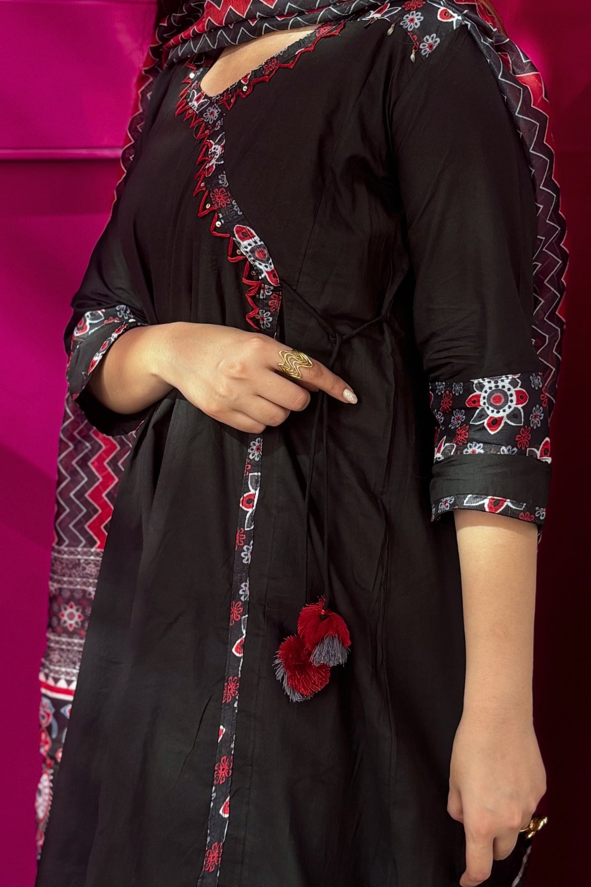 Black Zohra Cotton Slub Anarkali Suit Set