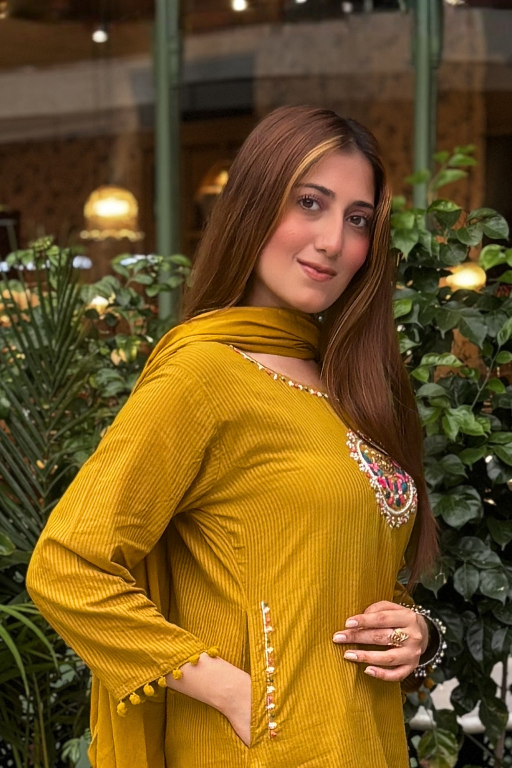 Golden Mustard Embroidered Cotton Suit Set