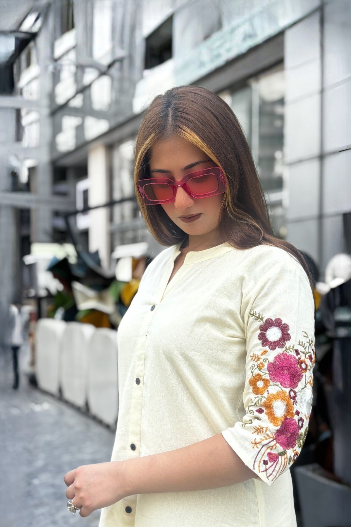 Off White Bloom Embroidered Cotton Kurta with Pants
