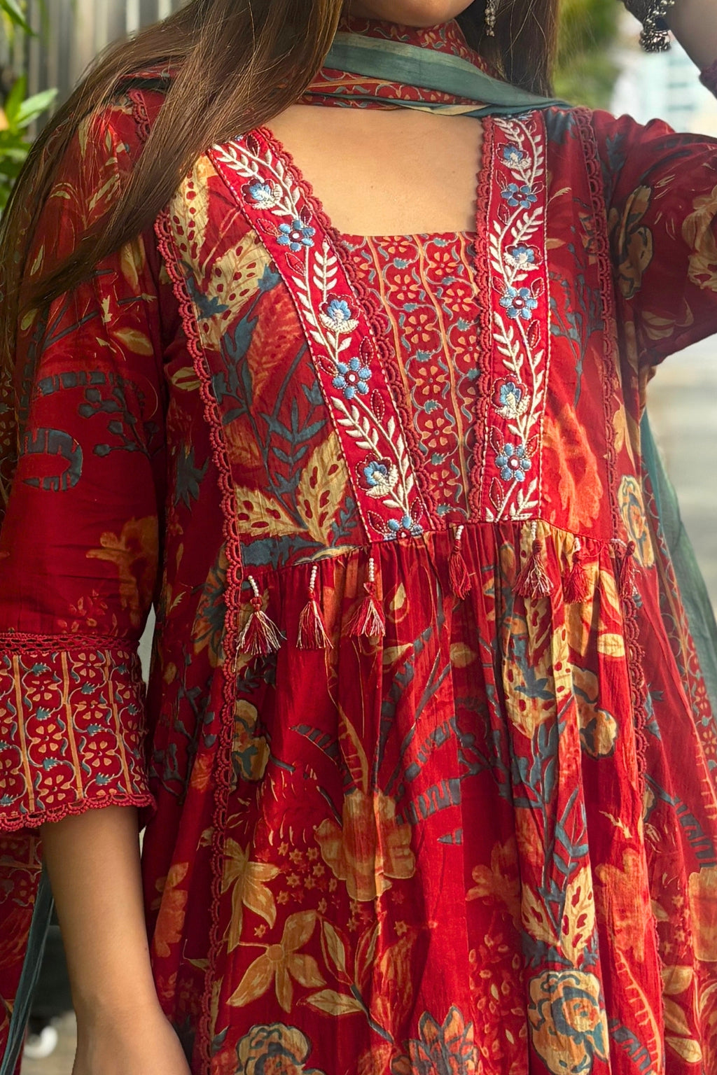 Gulnaar Rust Red Floral Printed Embroidered Suit Set