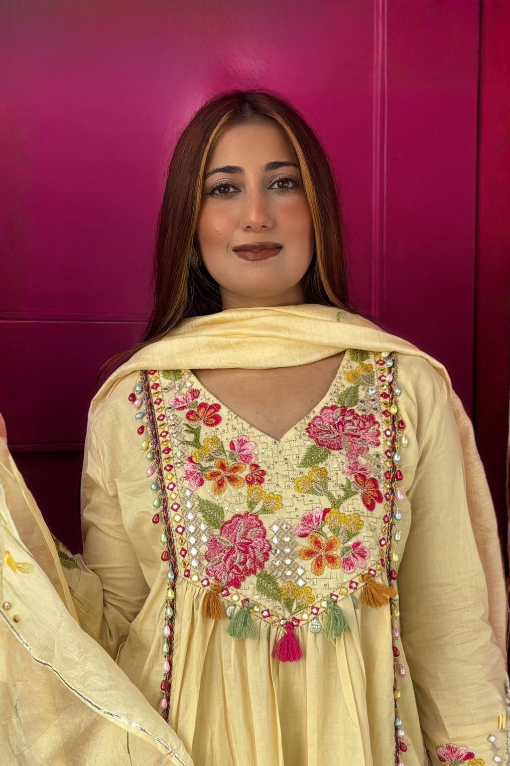 Cream Floral Embroidered Cotton Anarkali Suit Set