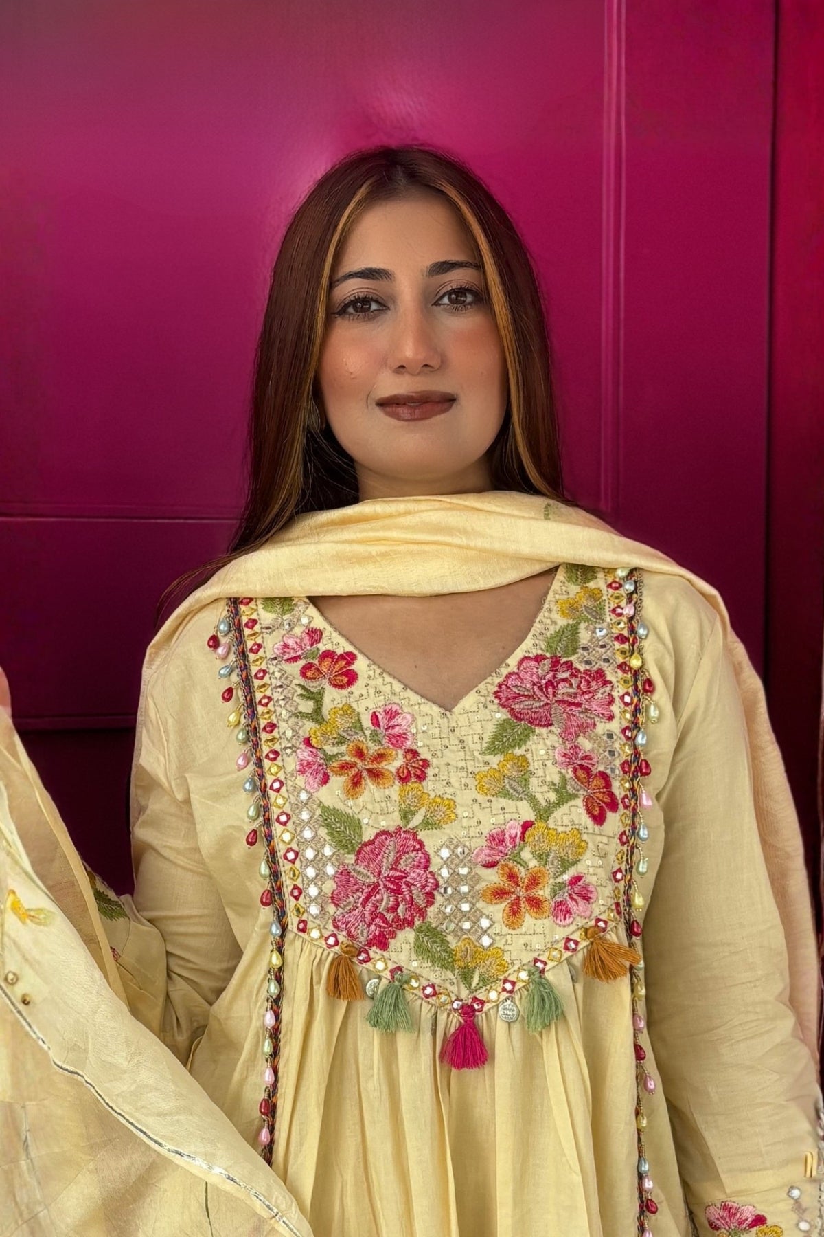 Cream Floral Embroidered Cotton Anarkali Suit Set